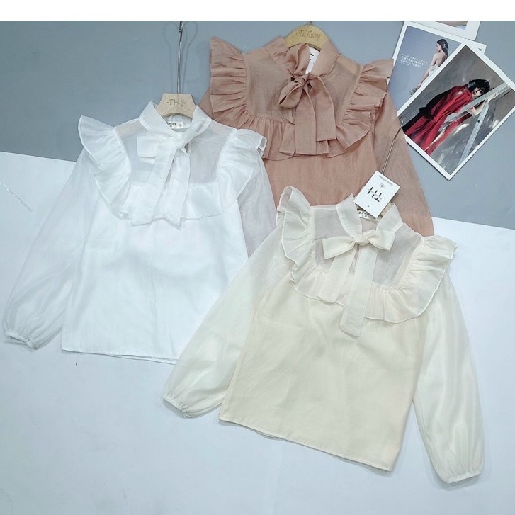 Áo sơ mi nữ tay dài kiểu tiểu thư bánh bèo cổ phối ren from rộng màu trắng áo sơ mi kiểu tay bo phồng công sở đi học