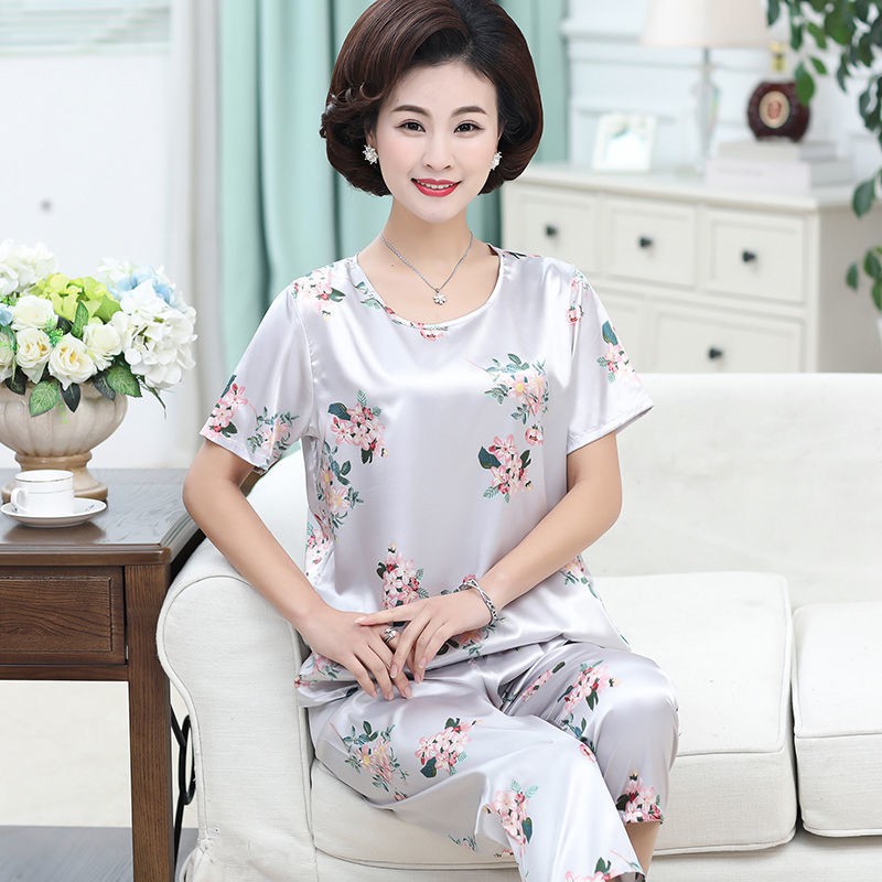 đồ ngủ cho phụ nữ trung niên và lớn tuổi Quần ngắn tay lụa băng, catties người béo mm2, áo ở nhà, trang phục cỡ