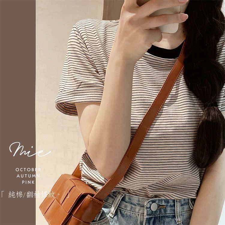 Áo Thun Cotton Ngắn Tay Họa Tiết Kẻ Sọc Thời Trang Mùa Hè Phong Cách Mới Cho Nữ