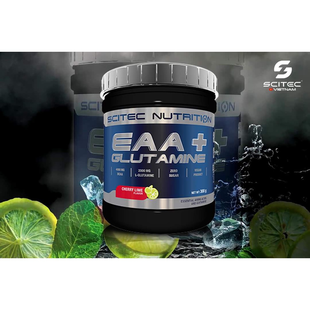 Scitec EAA + Glutamine 300G Hỗ Trợ Tăng Lực Phục Hồi Cơ Bắp  Hương vị Cherry Lime