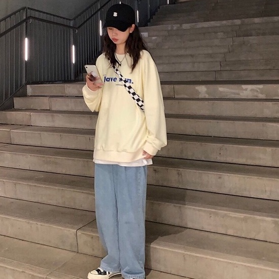 【ZHELIHANGFEI】Áo Thun Nỉ Tay Dài Dáng Rộng In Chữ Trẻ Trung Năng Động Hợp Thời Trang