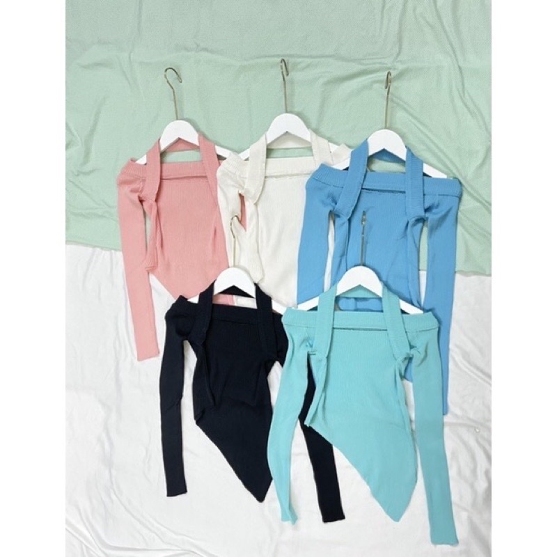 Áo len nữ dệt kim vạt chéo hở vai cổ yếm cách điệu hàng QC