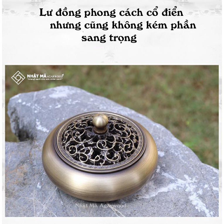 Lư Đồng kèm Đế Đồng đốt nhang vòng, nhang không tăm - Tặng 2 khoanh Nhang Vòng + Búp sen cắm - Chất liệu đồng sang trọng