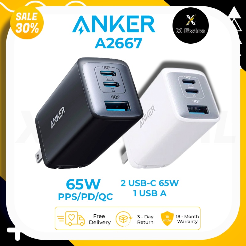 Sạc Anker A2667 Nano II củ sạc nhanh 65w PD/IQ 3.0 2 cổng USB-C  1 cổng USB-A - Bảo hành 12 tháng