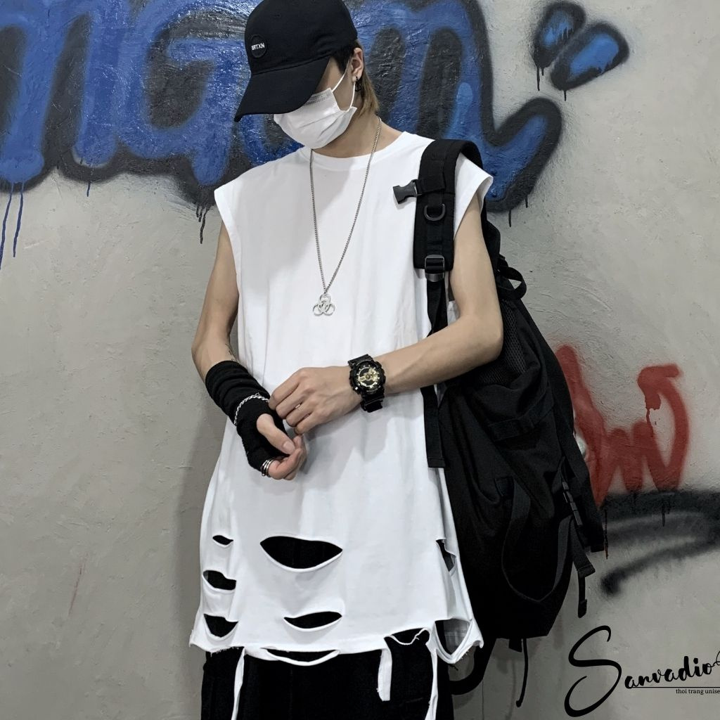 Áo ba lỗ nam SANVADIO Áo thun nam 3 lỗ TankTop rách gấu form rộng co giãn mùa hè AT44