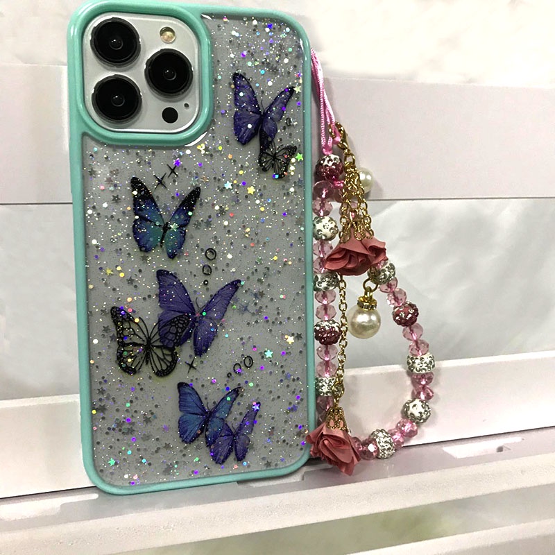 Ốp Điện Thoại Kim Tuyến Hình Bướm Có Dây Đeo Cho iPhone 13 12 11 Pro Max Mini XS Max XR X 6 7 8 Plus SE 2020