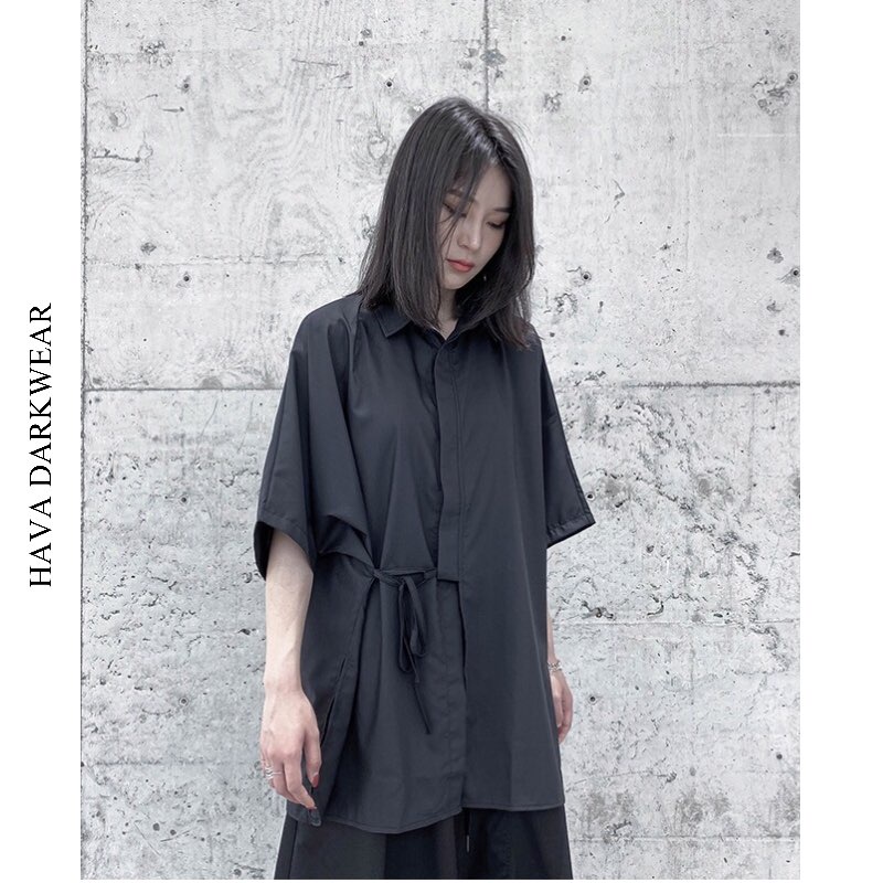Áo sơ mi đen HAVADW tay lỡ chất mango chéo hàn mềm mát form suông rộng cá tính ASM16