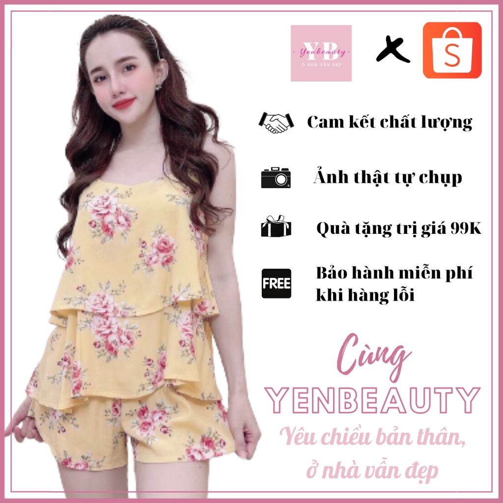 Đồ Mặc Nhà, Bộ Ngủ Nữ Đùi, Áo Dây 2 Tầng Sexy Họa Tiết Dễ Thương Chất Tole Lanh Mát, Mịn, Không Nhăn, YENBEAUTY MN11000