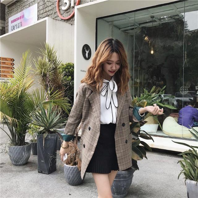 Áo Khoác Vest Họa Tiết Ca Rô Phong Cách Hàn Quốc Dành Cho Nữ