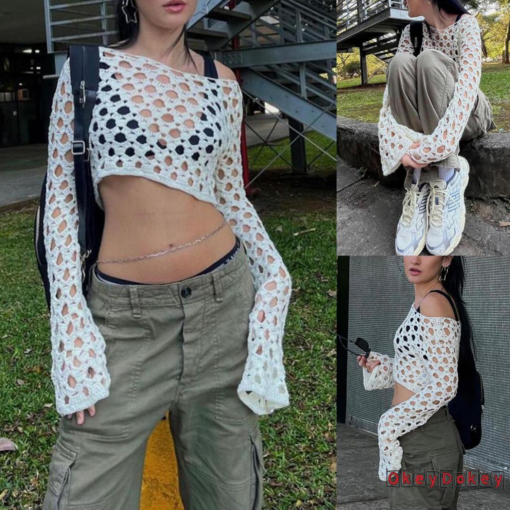 Áo Croptop Dệt Kim Tay Dài Màu Trơn Dáng Ôm Thiết Kế Khoét Lỗ Đơn Giản Thời Trang Cho Nữ