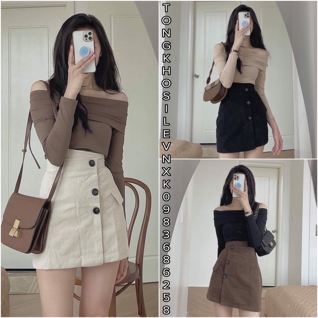 ÁO LEN TĂM DÀI TAY TRỄ VAI NGANG BẢN TO - Áo Trễ Vai Gấp Nữ Trơn Ôm Body 3 Màu Basic ĐEN | BE | NÂU Bệt Vai Hàn Ulzzang