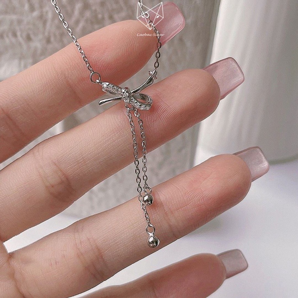 Dây Chuyền Bạc Ta Cao Cấp CaoBac Silver  Hoạ Tiết Nơ Đan Sợi Bi Rơi  Nhẹ Nhàng, Thanh Lịch Dễ Thương Cho Bạn Gái