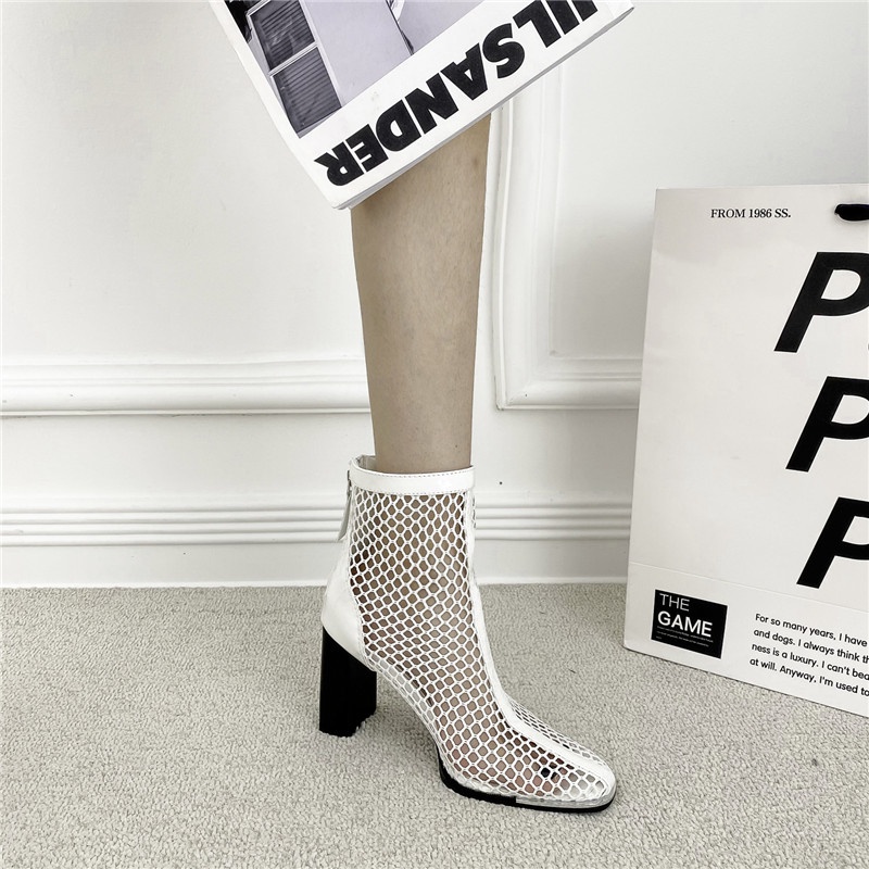 Internet Celebrity Thin Sandal Boots Hollow Booties Autumn2021New Chunky Heel Mesh High Heels Back Zipper Roman Sandals