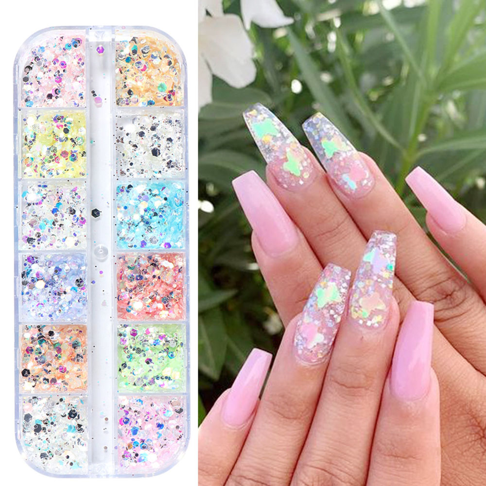 [Hàng mới về] Hộp 12 Ngăn Kim Tuyến 3D Trang Trí Móng Tay