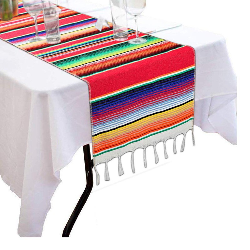 2 Pack 14 By 84 Inch Mexican Table Runner 14 x 84 Inch Mexican Party Wedding Decorations Fringe Cotton Serape Blanket Table Runner(Red