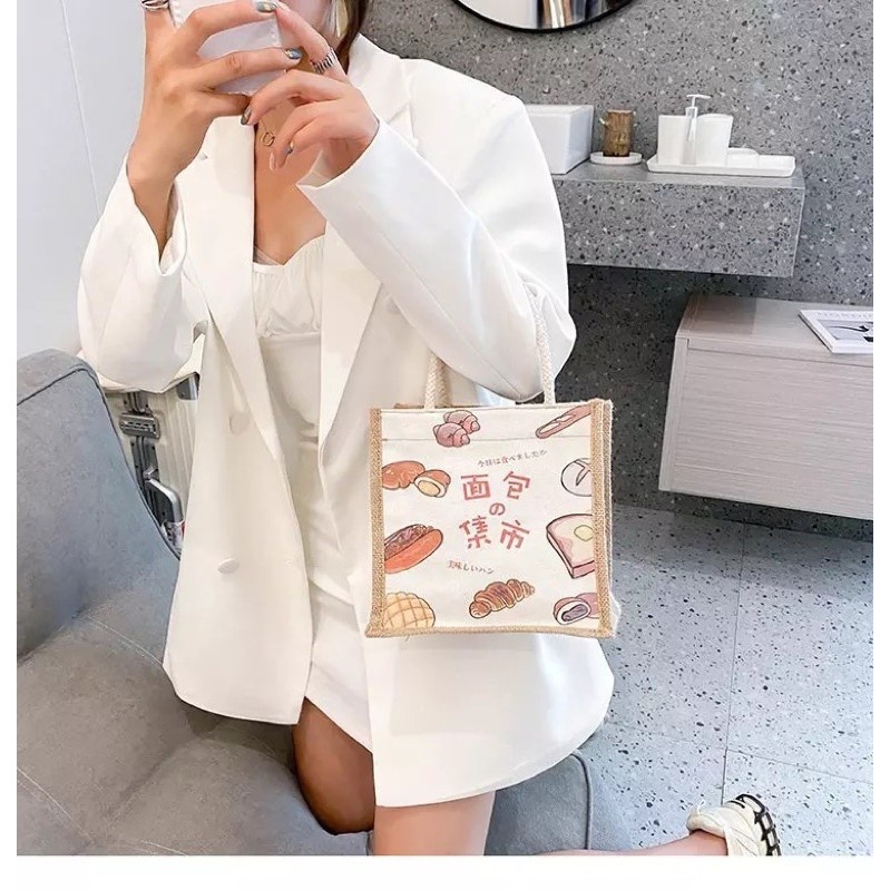 Túi cói mini quai xách du lịch đa năng in họa tiết xinh xắn có khóa kéo - Mã TC01