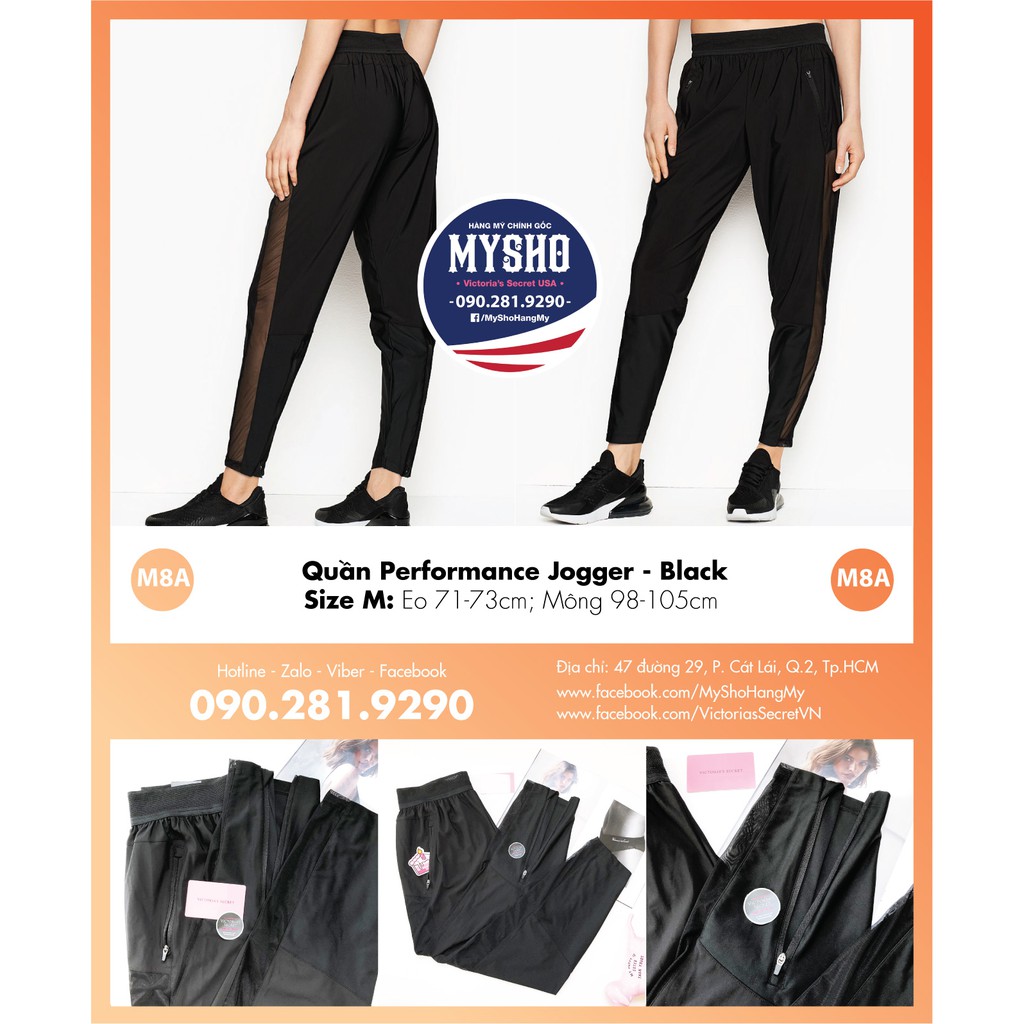 (Size M 08) Quần jogger đen lưới, form rộng thoải mái, có túi, dây kéo, Performance Jogger, Black - Victoria's Secret