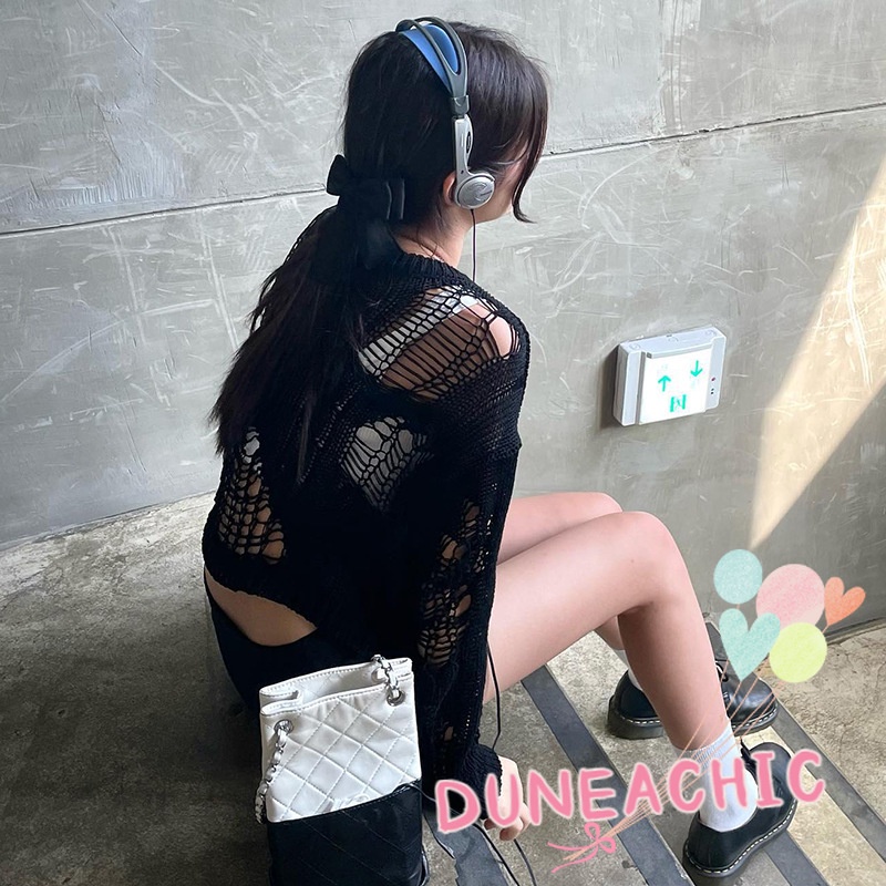 Áo Dệt Kim Khoét Rỗng Dáng Rộng Phong Cách Retro Cho Nữ DUNEA818