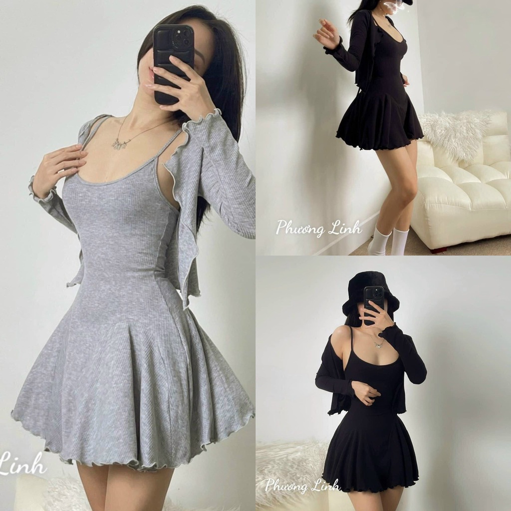 Đầm hai dây nữ dáng xòe kèm áo khoác tay dài chất thun gân siêu hot trend