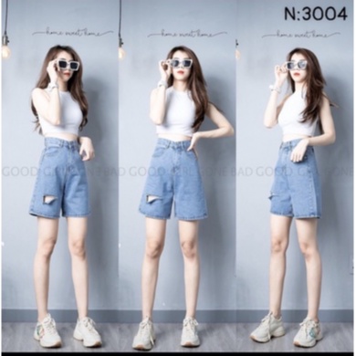 Quần short jean ống rộng, Quần bò lửng rách nhẹ kiểu màu xanh nhạt