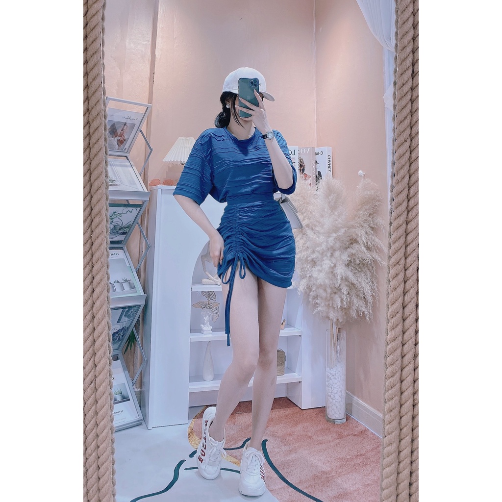 SET BỘ NỮ ÁO THUN COTTON CHÂN VÁY RÚT HÔNG CÁ TÍNH ĐI CHƠI ĐI PICNIC VỚI MÀU XANH, KEM, NÂU TRƠN