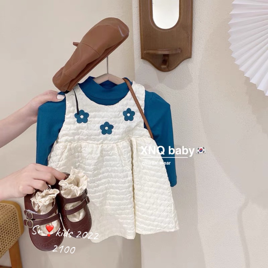 Váy thu đông cho bé gái, set váy xốp thêu 3 bông hoa kèm áo zip xanh chất siêu đẹp cho bé