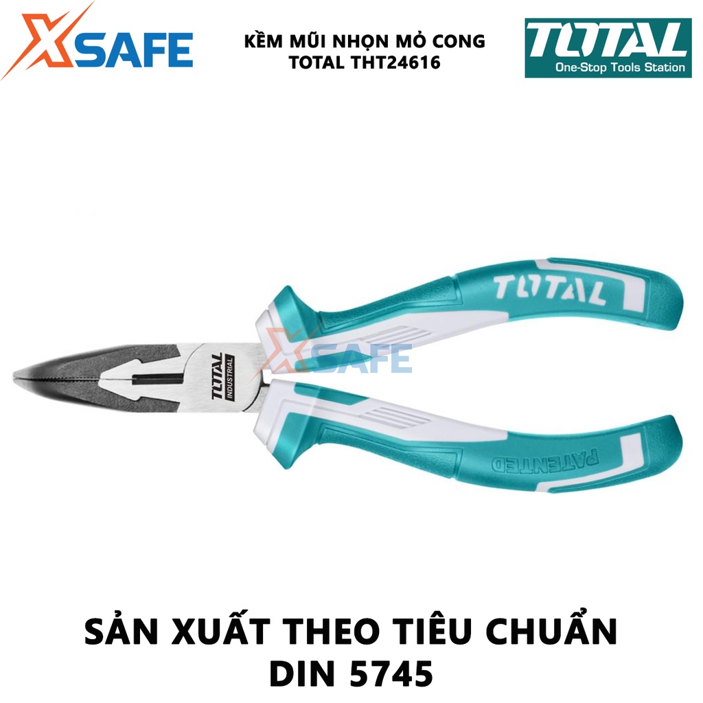 Kìm mũi nhọn mỏ cong TOTAL THT24616 Kềm bấm chất liệu thép CR-V, đen bóng - Chính hãng [XSAFE]