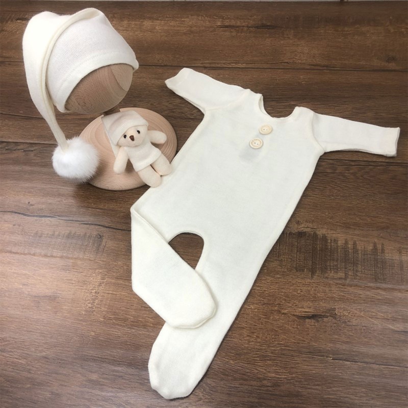 Bộ 3 Món Áo Liền Quần Tay Dài + Nón + Bóng Lông Cho Bé Sơ Sinh Chụp Ảnh