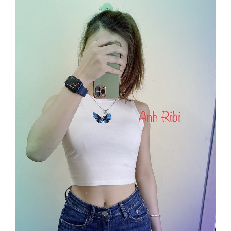 Áo Crotop tanktop bướm thêu chất cotton