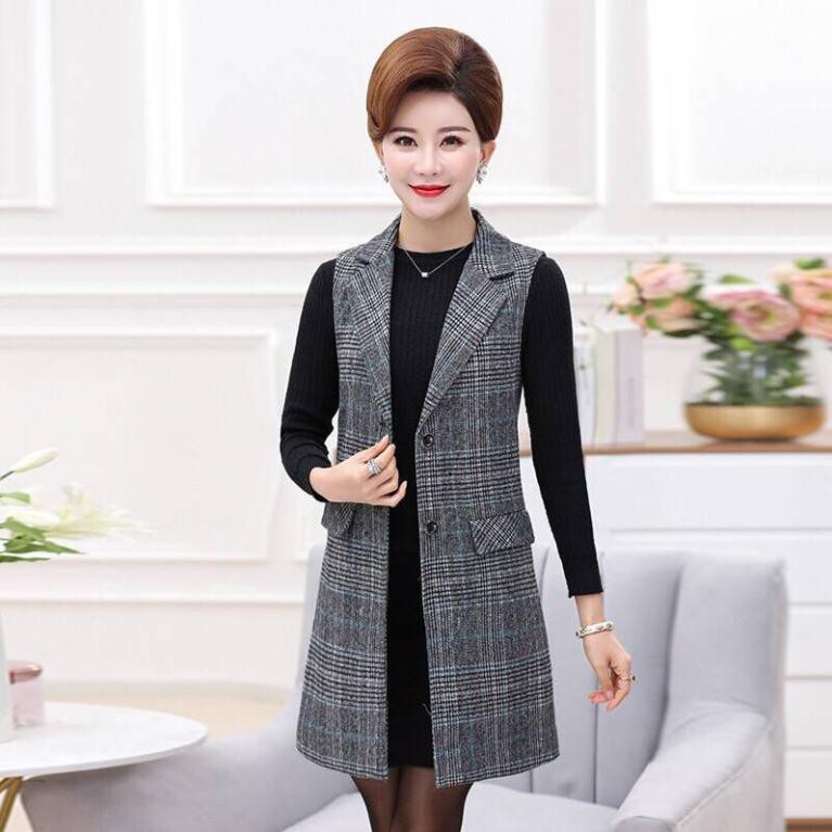 2021 ▬ஐ◊Phụ nữ mùa xuân và thu mặc áo khoác vest kẻ sọc của mẹ dạ dáng dài không tay cỡ lớn ghi lê SIÊT HOT