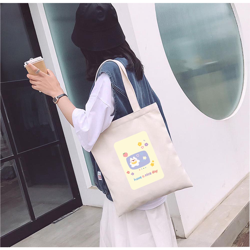 Túi vải tote GINKO kiểu basic dây kéo in hình Cartoon G166