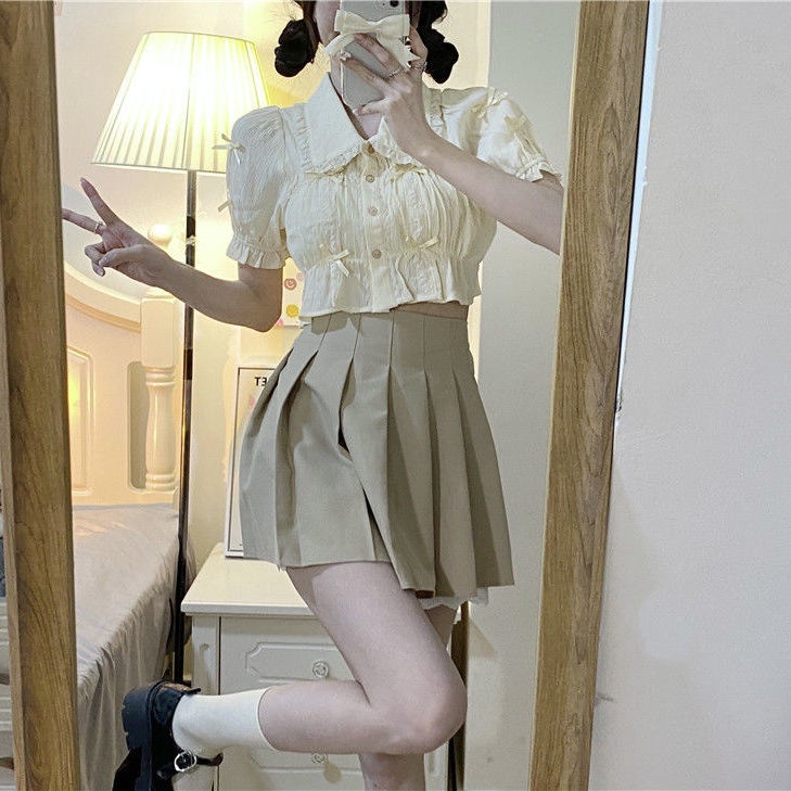 Bộ Áo Tay Phồng Ngắn Cổ Búp Bê Phối Chân Váy Xếp Ly Kiểu Retro Hàn Quốc Thời Trang Mùa Hè Cho Nữ