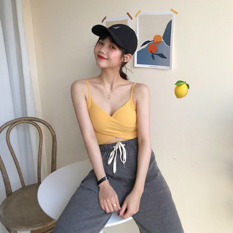 Áo bra len tăm 2 dây xoắn chéo dáng croptop có đệm ngực nhiều màu đẹp 028