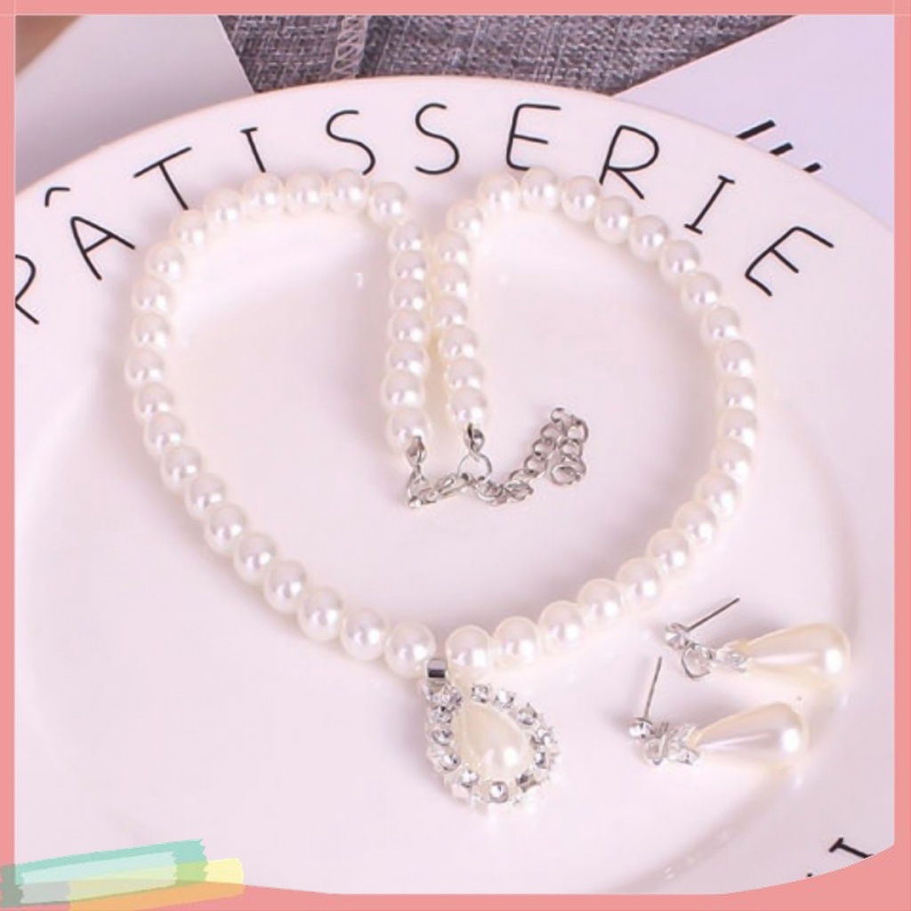 Bộ Vòng cổ + Đôi Khuyên Tai Đính Ngọc Trai Giả Thiết Kế Hình Giọt Nước Độc Đáo Cho Nữ