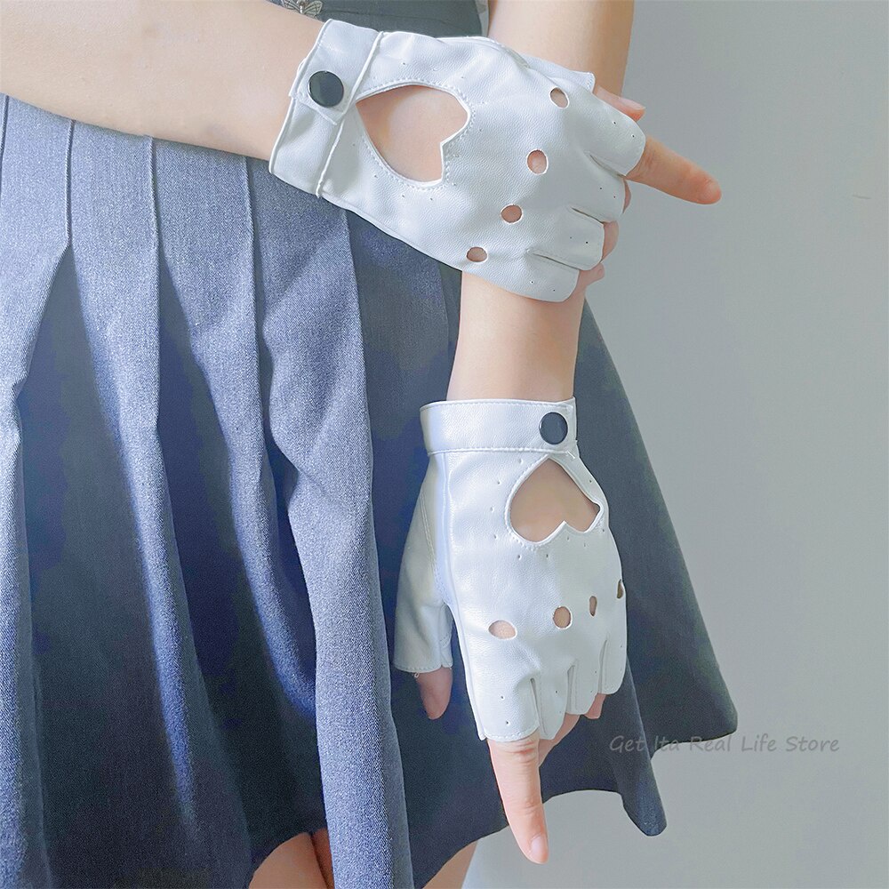 Fingerless Gloves Anime PU Leather Black White Pink Gloves Fashion Streetwear Women Punk Goth Lolita Gloves