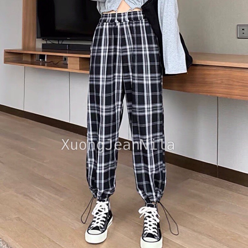 Quần Jogger sọc kẻ caro dây rút chân unisex mặc được 2 kiểu ống bôm và ống rộng