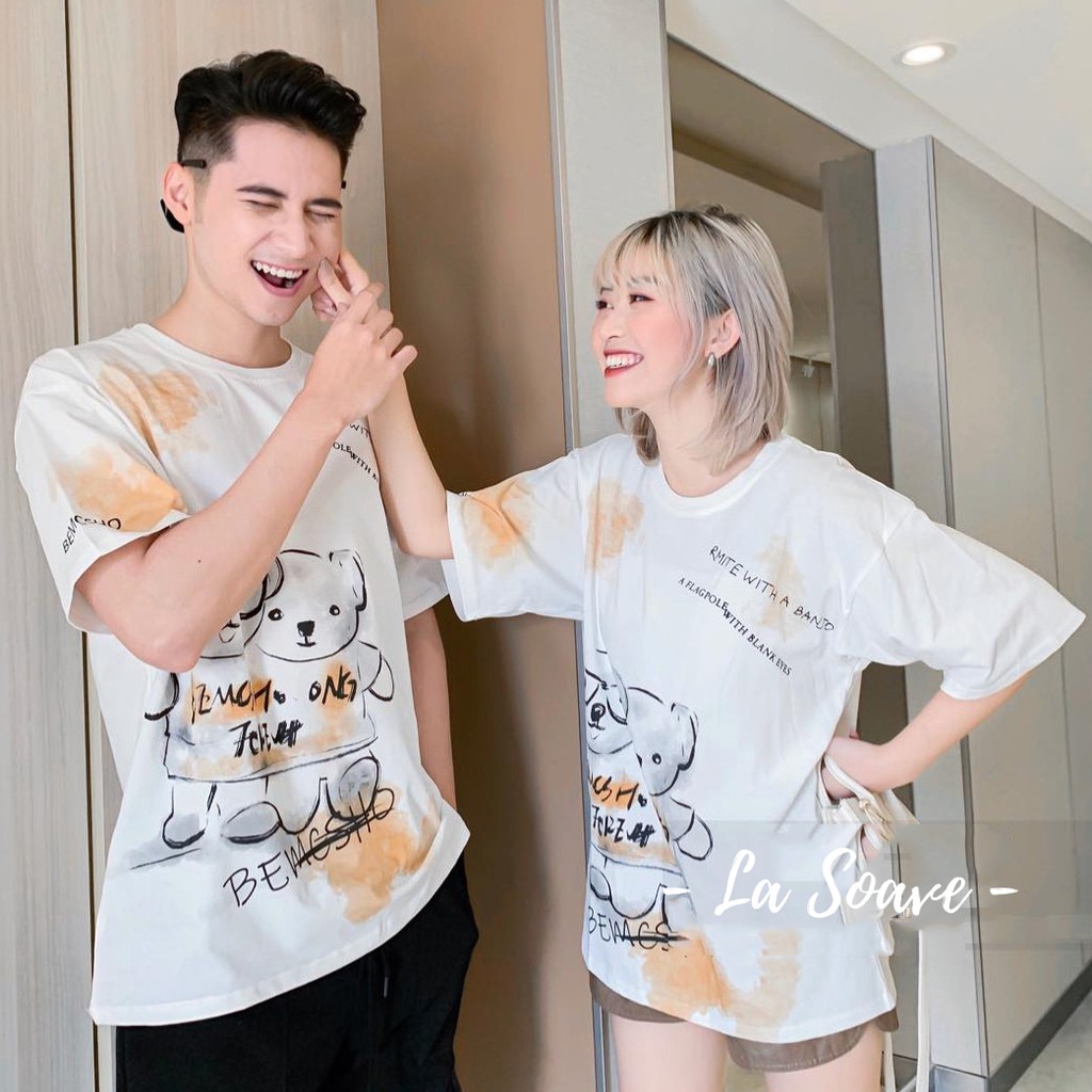 Áo thun tay lỡ nam nữ Unisex LA SOAVE hình gấu màu trắng form rộng dáng Ulzzang cho cặp đôi đang yêu - Trendy 2021