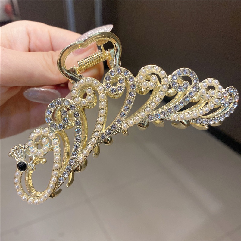 Kẹp gắp tóc bằng hợp kim hình chim công đính đá ngọc trai nhân tạo phong cách Hàn Quốc