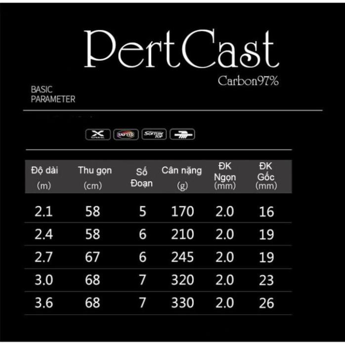 Cần câu lăng xê, câu lục Percast 97% Carbon độ dài 2m1-3m6 CM-2