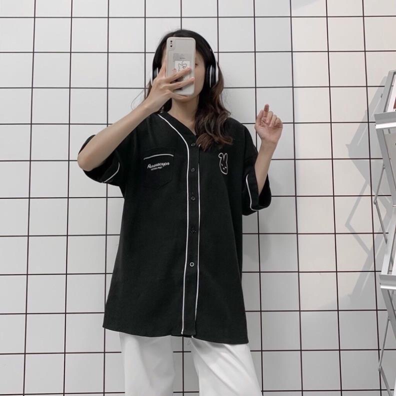 [NEW] Áo Sơ Mi Nữ Form Rộng Tay Ngắn Áo Kiểu Nữ Cổ V  Mềm Mịn Thêu Logo Thỏ ❤️(Hàng Sẵn)