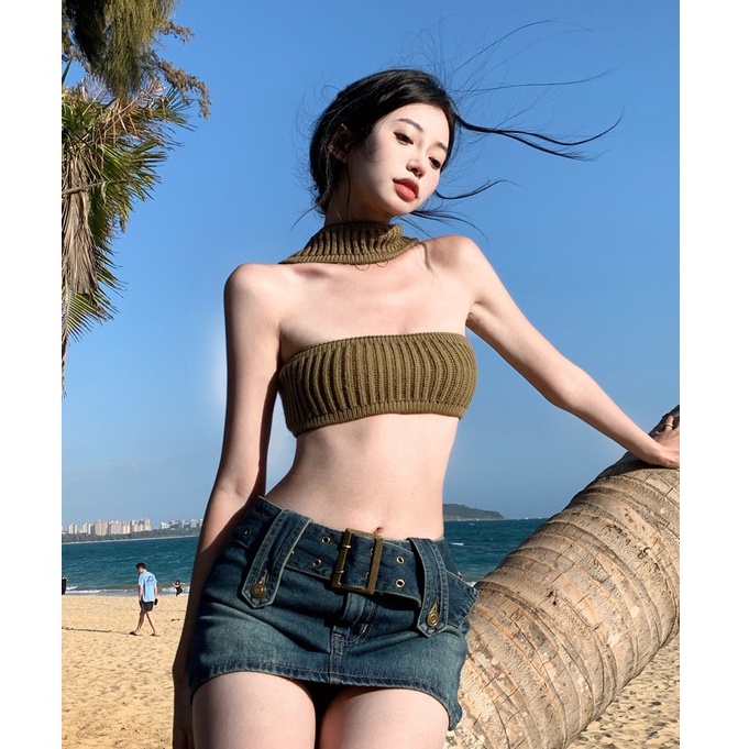 QADCOL  Áo Dệt Kim Không Tay Hở Lưng Ôm Dáng Thời Trang Cho Nữ