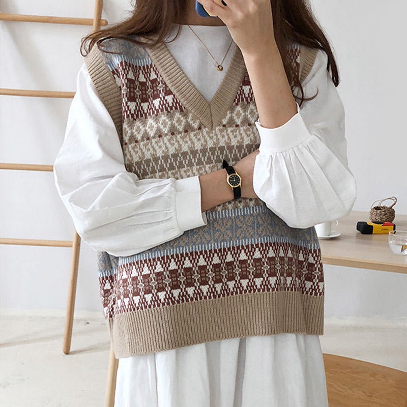 Áo Len Không Tay Cổ Chữ V Phong Cách Vintage Hàn Quốc