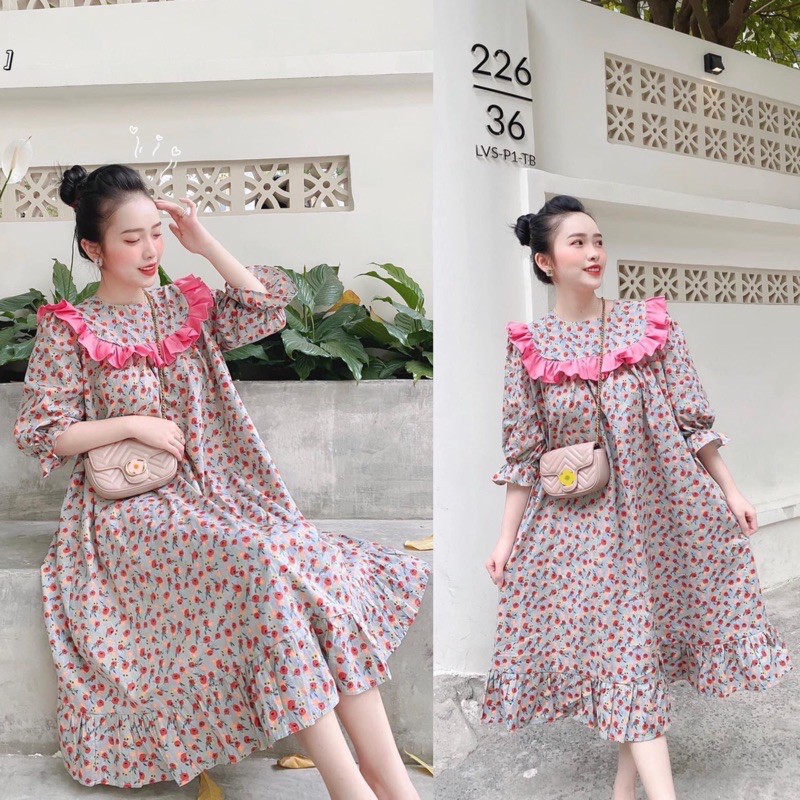 [Mặc Là Xinh] Váy Hoa Cổ Bèo Dáng Suông, Đầm Hoa Nhí Dáng Dài Phối Bèo Hồng Có Ảnh Thật Kèm Video
