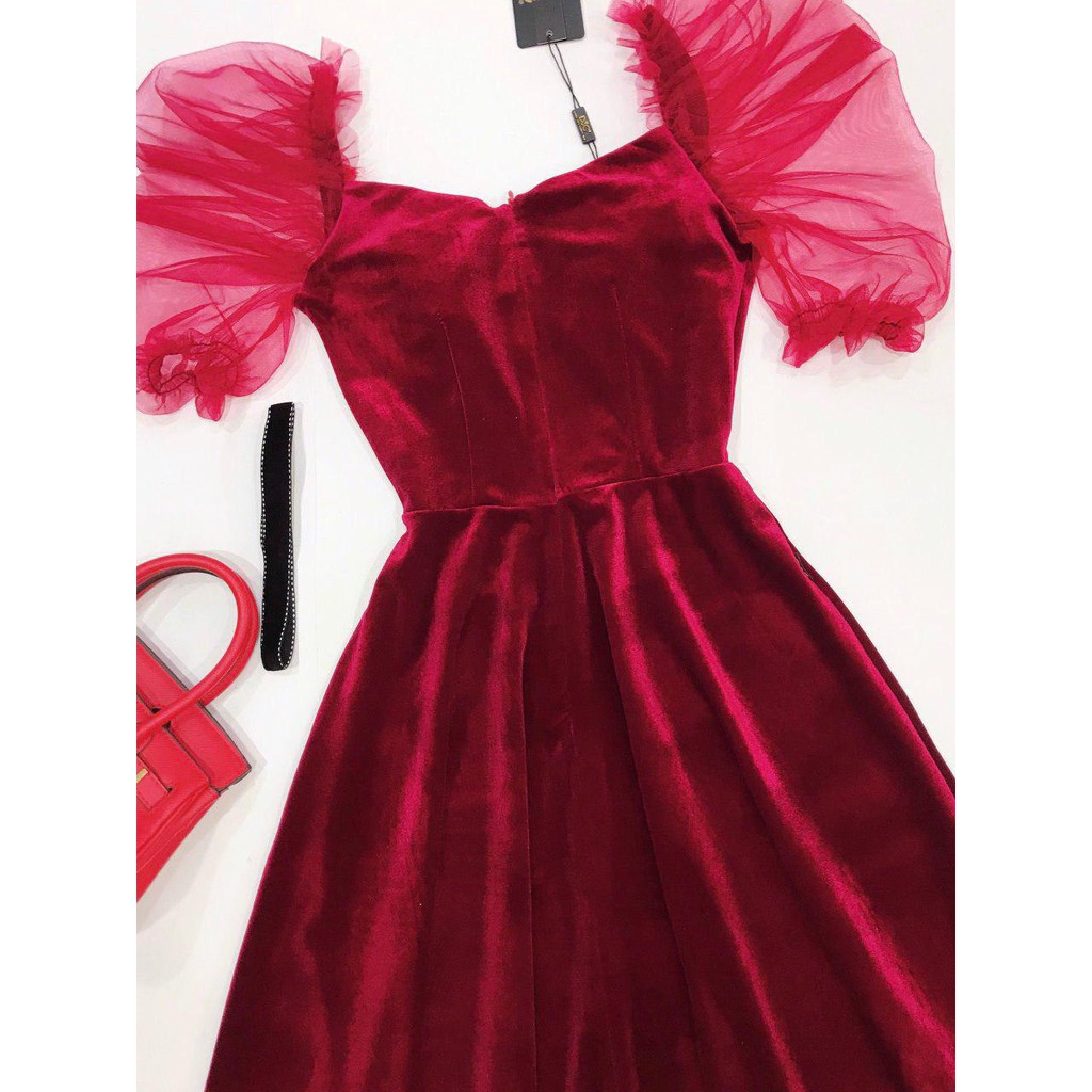 [ xả kho ] MiD Đầm đỏ nhung cánh phồng V1202 Mie Design kèm ảnh thật