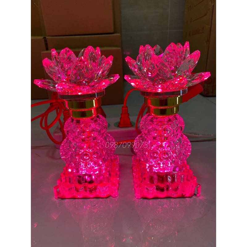 Cặp đèn thờ pha lê hoa sen thân hồ lô 19cm - pl05