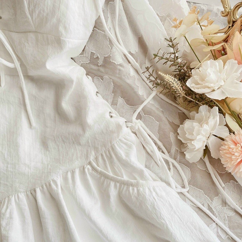 ẢNH THẬT TRẢI SÀN - ĐẦM TRẮNG 2S CỘT VAI ĐAN DÂY NGỰC