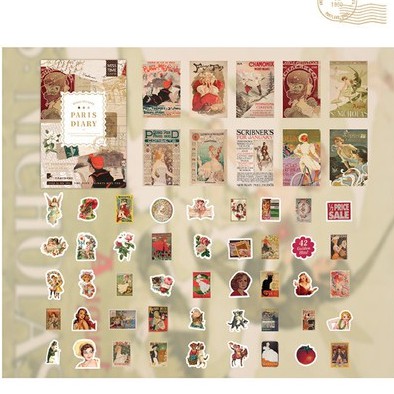 Hộp 55 nhãn dán sticker từ 3 loại giấy washi/ sulfat/ giấy tráng phong cách retro ST203