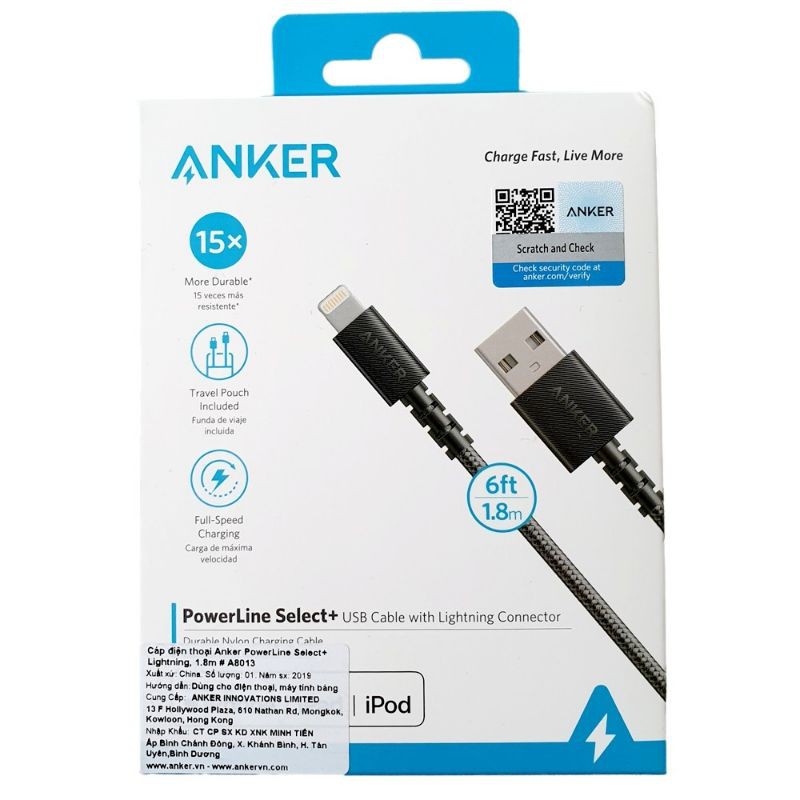 Cáp Lightning Anker PowerLine Select+, dài 0.9m -A8012
