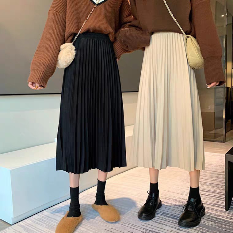 CHÂN VÁY XẾP LI MIDI MÀU BE MÀU ĐEN ULZZANG HOT