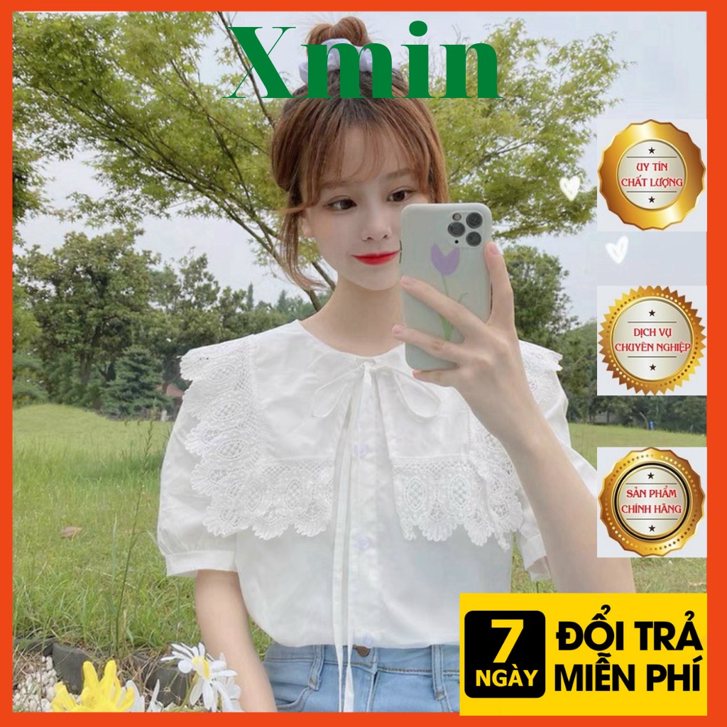 áo sơ mi nữ ngắn tay A001, áo tiểu thư viền ren phong cách hàn quốc A001 xmin.fashion